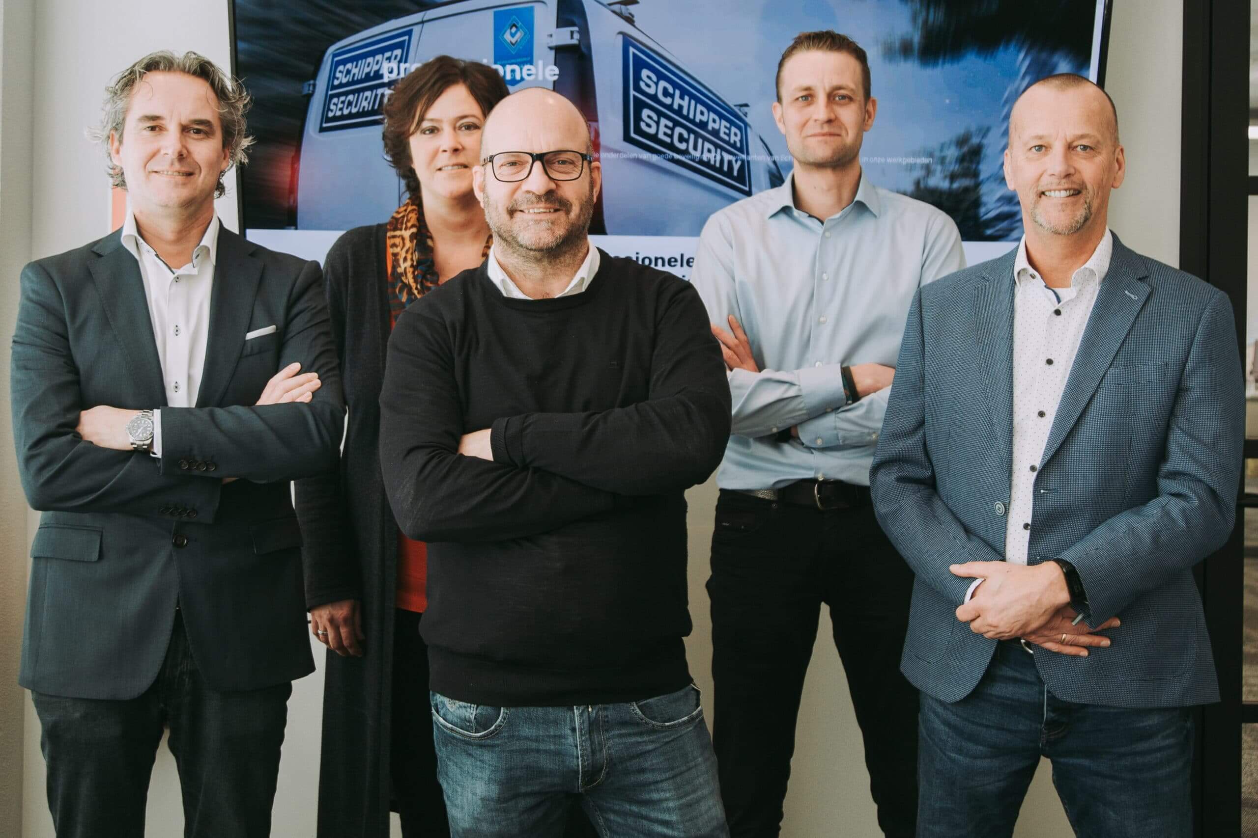 Schipper Security MT, 12 maart 2020 Management team Schipper Security B.V.. Van links naar rechts: Michiel van der Wal, Jacqueline Gerritsen, Alex Schipper,Jeroen Jonkers, Hans Brink